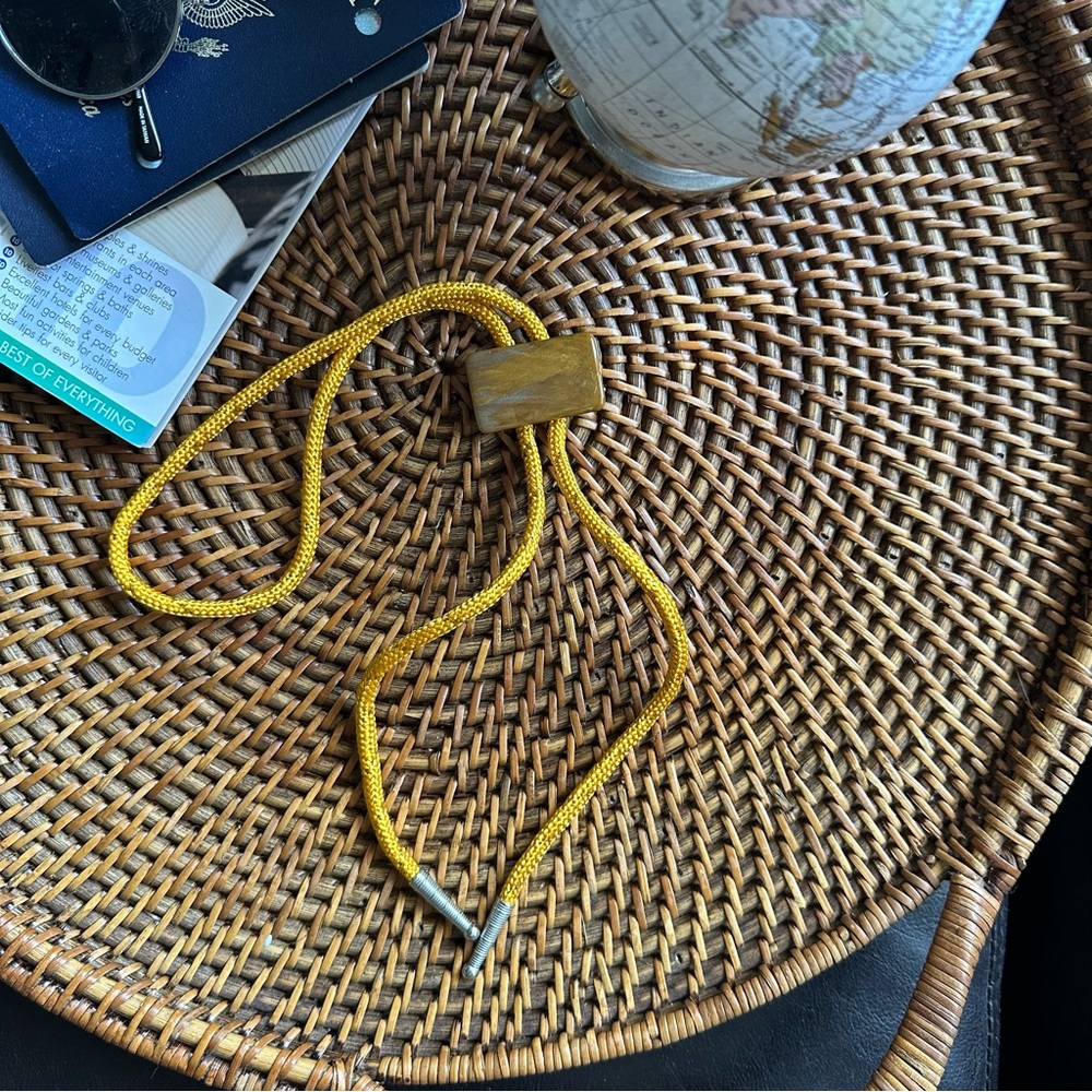 Vintage Tumbled Ornamental Orange Yellow Rectangle Stone Handcrafted Bolo Tie